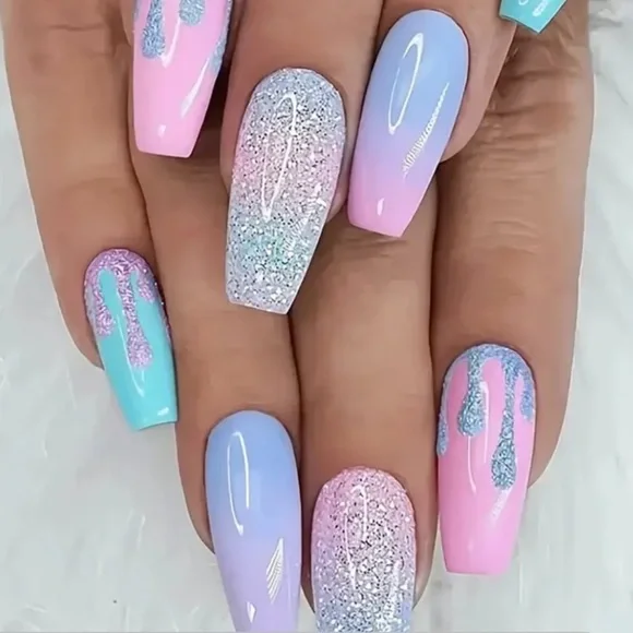 NEW Pastell Pink Blue Green Long Coffin Paint Drip Nails - Picture 6 of 6